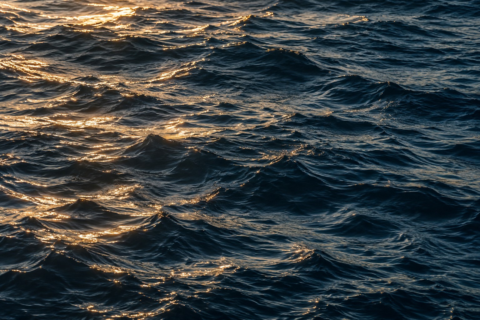 Golden sunlight moving across deep blue ocean ripples